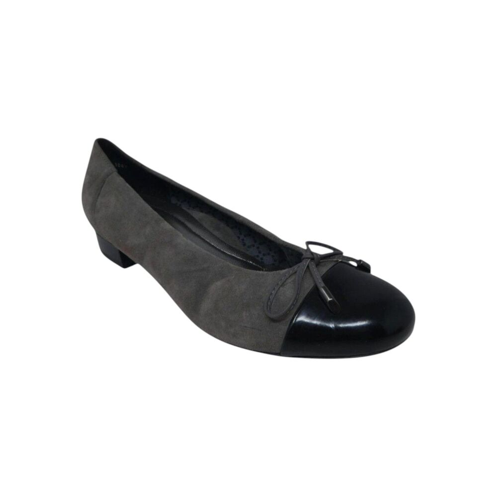 Ara Belinda Gray Black Leather‎ Cap Toe Bow Ballet Flats Womens 7